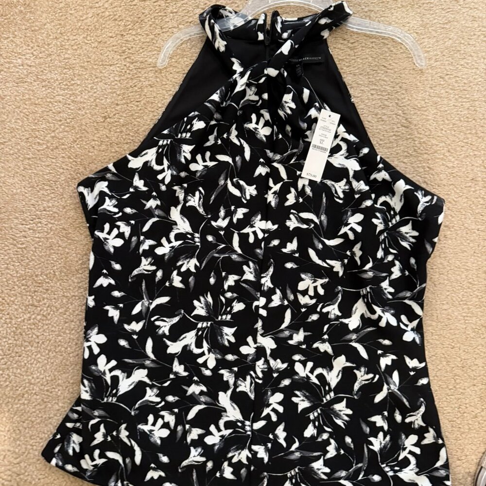 **White House Black Market Black & White Floral Print Halter Blouse – Size XL**